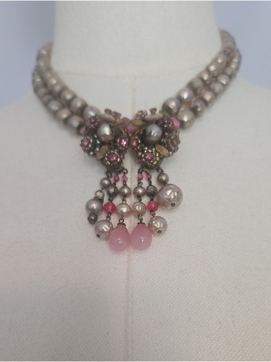 Jewelry - Vintage Two Strand Pearl Rhinestone Beaded Choker Necklace
